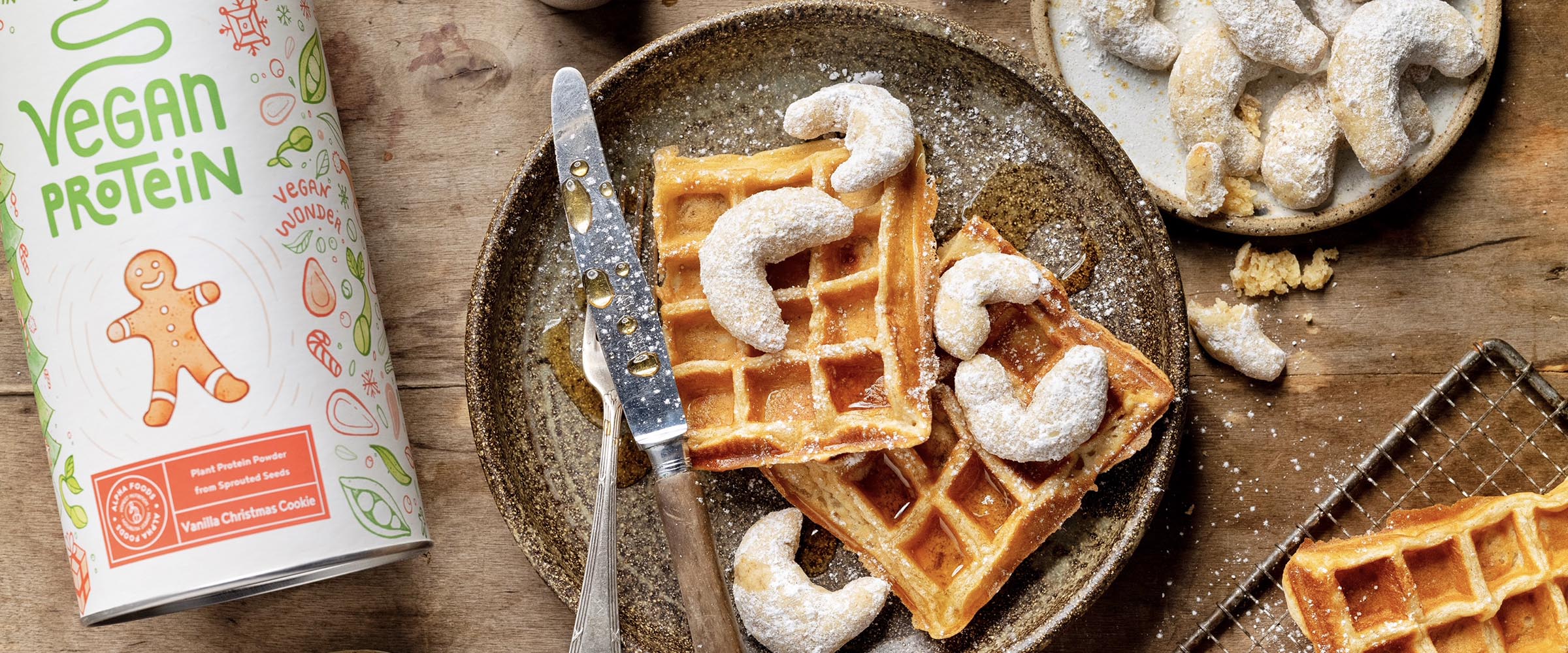 Warme vegane Vanillekipferl Proteinwaffeln