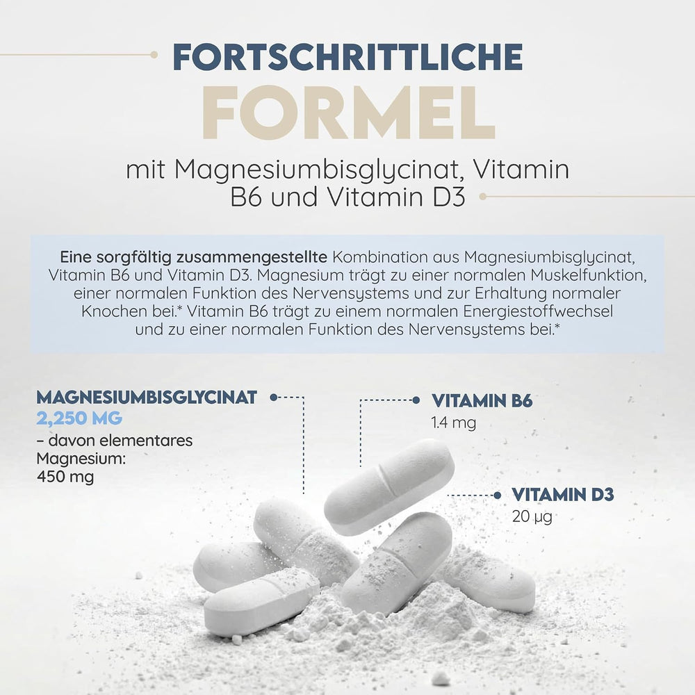 Magnesium Bisglycinat 2250mg + B6 & D3. 150 Tabletten