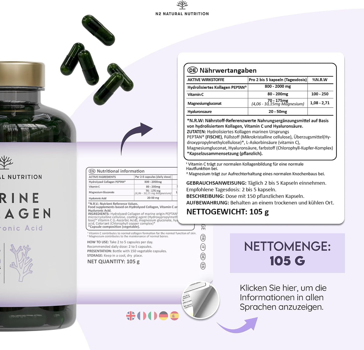 Marine Collagen mit Hyaluron und Magnesium 150 Kapseln