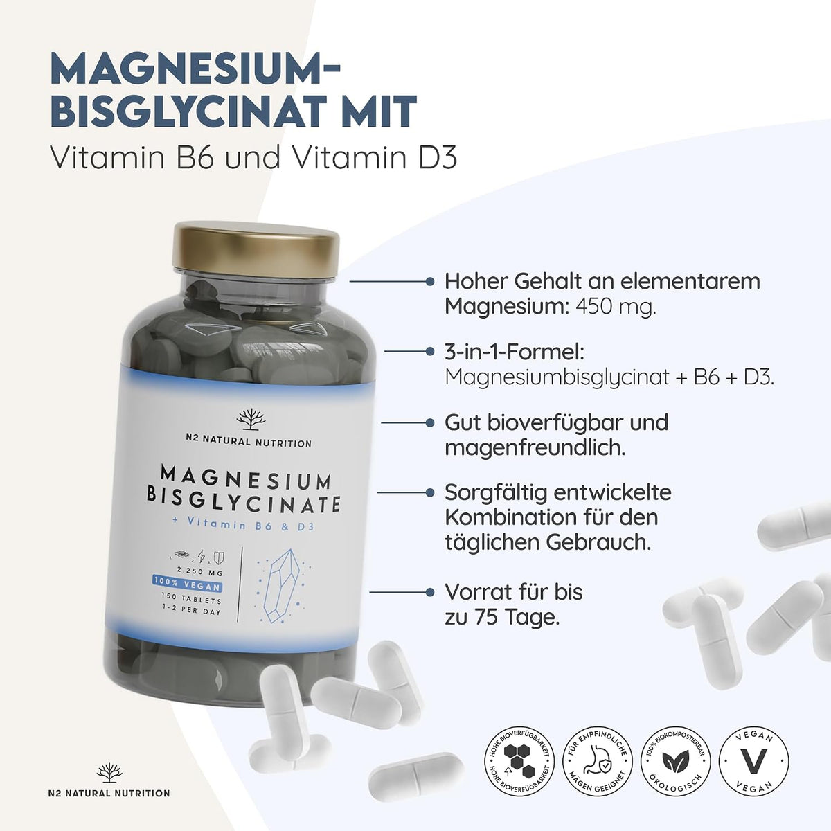 Magnesium Bisglycinat 2250mg + B6 & D3. 150 Tabletten