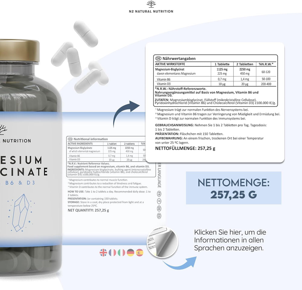 Magnesium Bisglycinat 2250mg + B6 & D3. 150 Tabletten