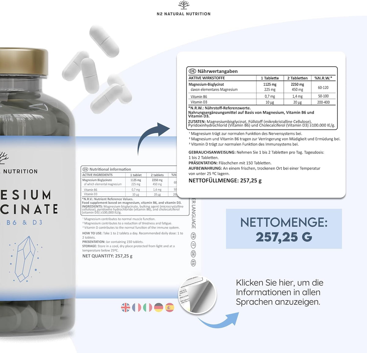 Magnesium Bisglycinat 2250mg + B6 & D3. 150 Tabletten