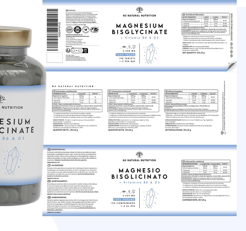 Magnesium Bisglycinat 2250mg + B6 & D3. 150 Tabletten