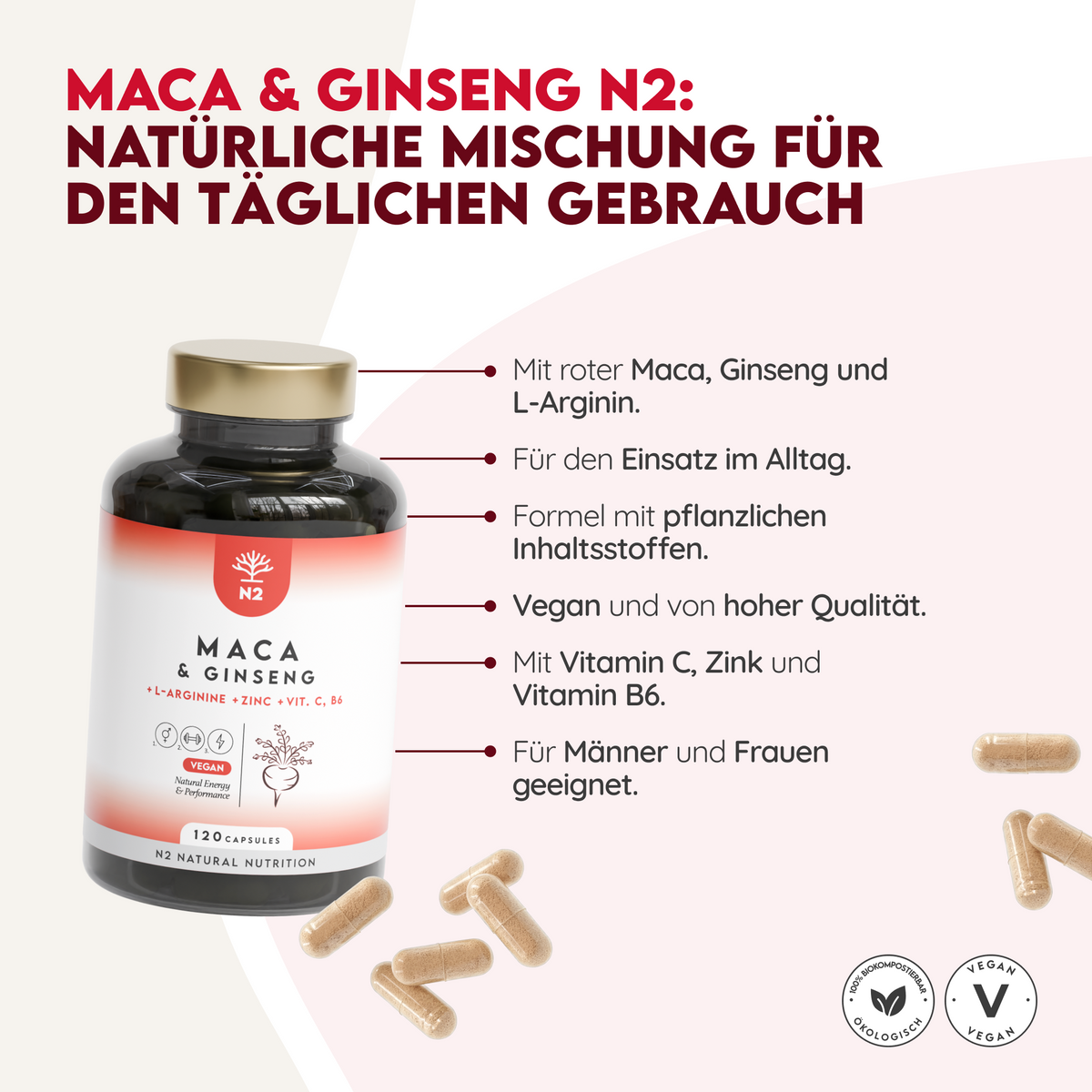 Maca 1500mg mit L-Arginin, Vitamin C, Ginseng - 120 Kapseln