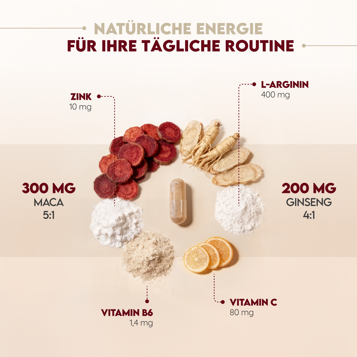 Maca 1500mg mit L-Arginin, Vitamin C, Ginseng - 120 Kapseln