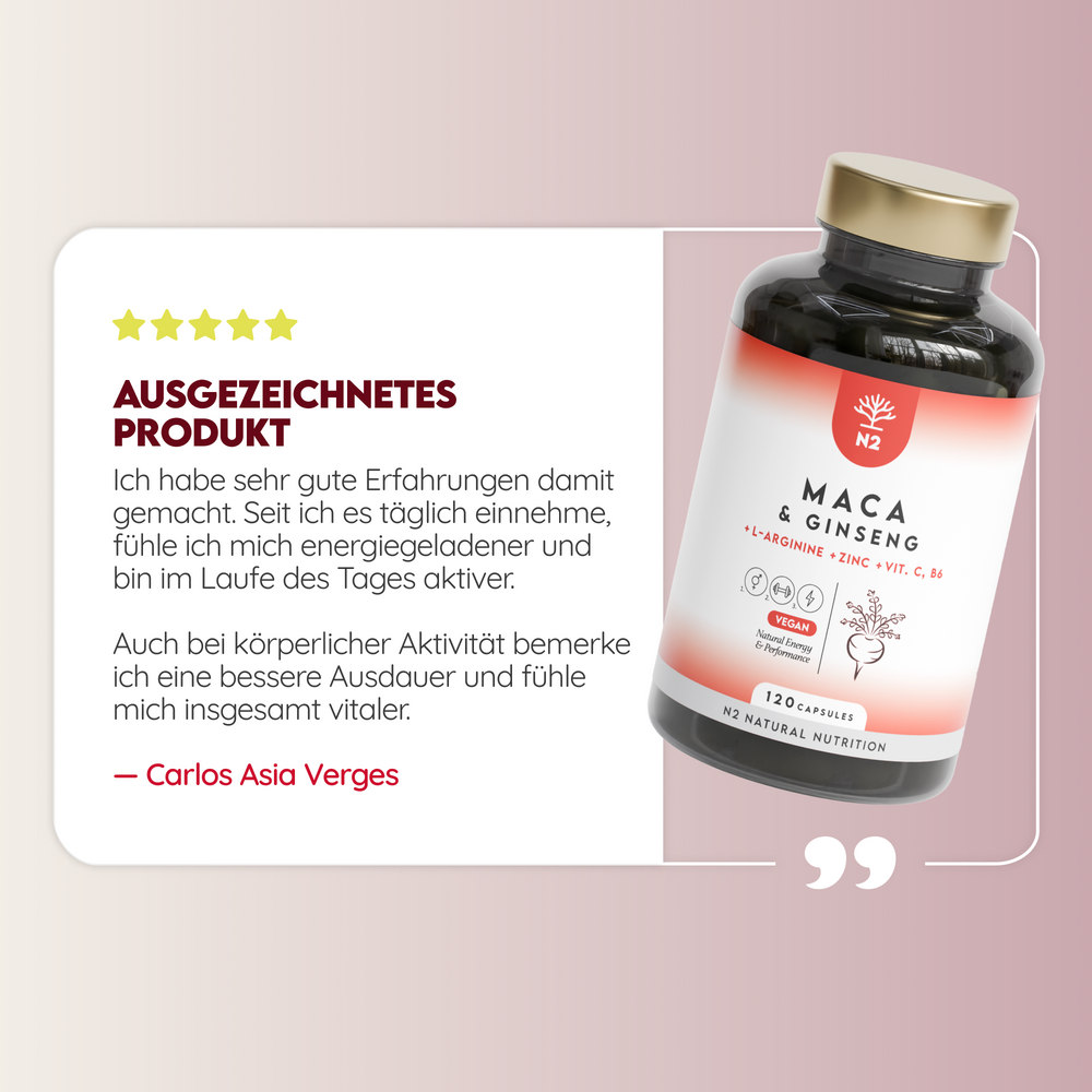 Maca 1500mg mit L-Arginin, Vitamin C, Ginseng - 120 Kapseln