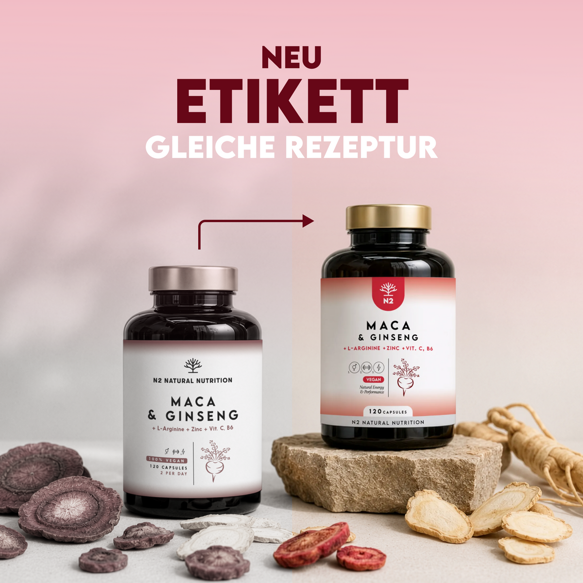 Maca 1500mg mit L-Arginin, Vitamin C, Ginseng - 120 Kapseln