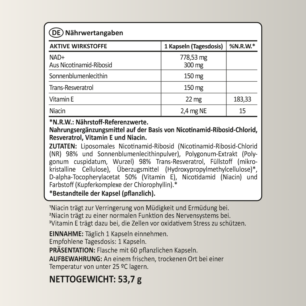 NAD Plus Resveratrol 1100mg. Liposomal formel. 60 Kapseln