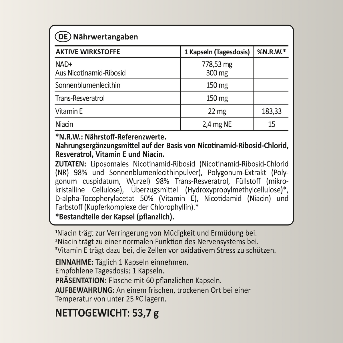 NAD Plus Resveratrol 1100mg. Liposomal formel. 60 Kapseln