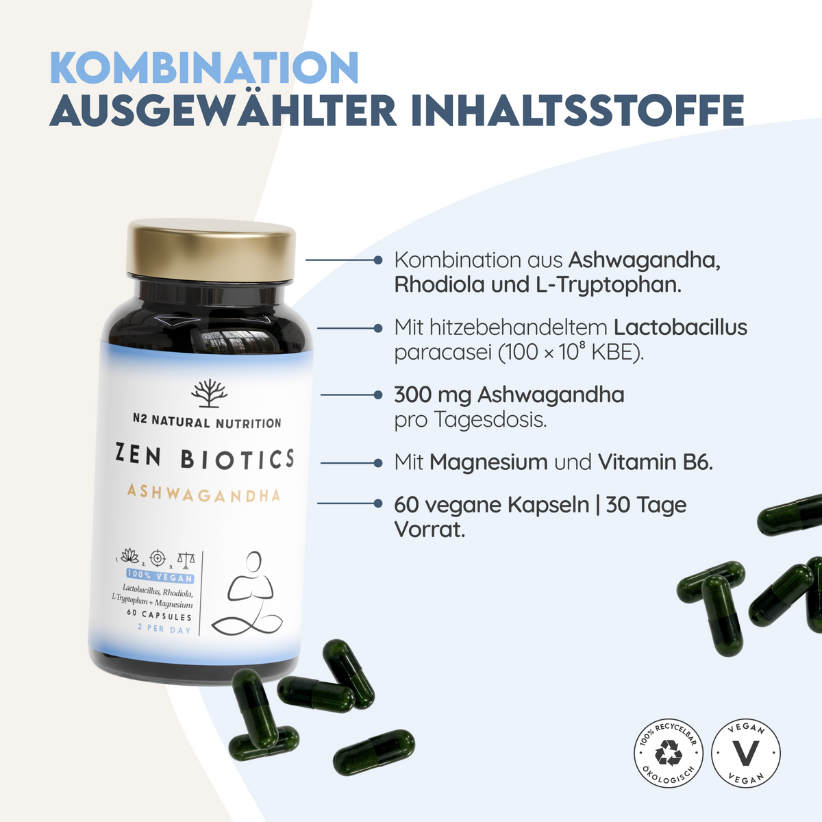 Zen Biotics - Ashwagandha mit Tryptophan un Magnesium. 60 Kapseln